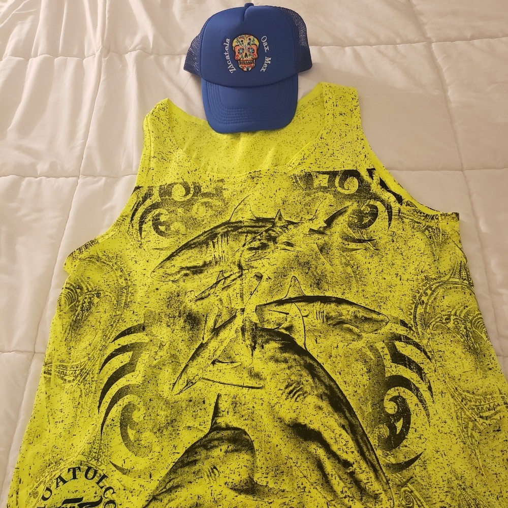 Unique surfer shirt and trucker hat from Oaxaca